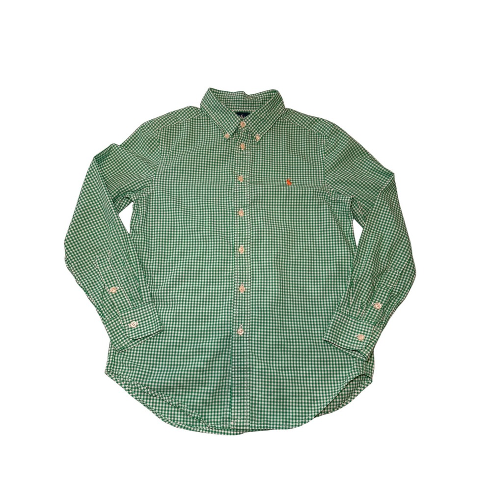 Ralph Lauren Boys Green Gingham Check Button Down Shirt M 10-12 Pony Logo